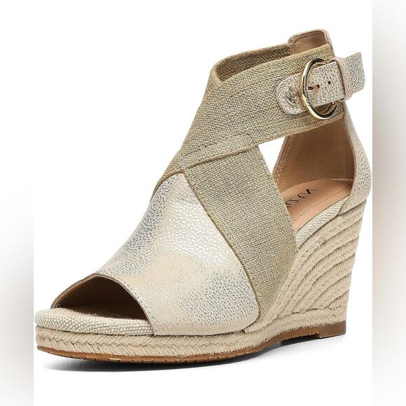 NYDJ NWT Women's Charisma Suede Peep-Toe Wedge Sandals Metallic Gold Size 8 - Picture 1 of 12